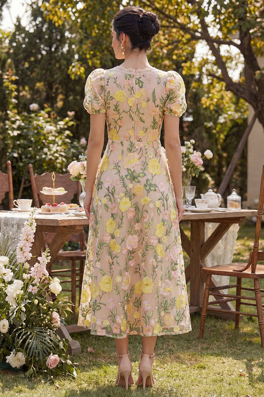 Puff Sleeves A Line Maxi Floral Champagne Wedding Guest Dress with Lace
