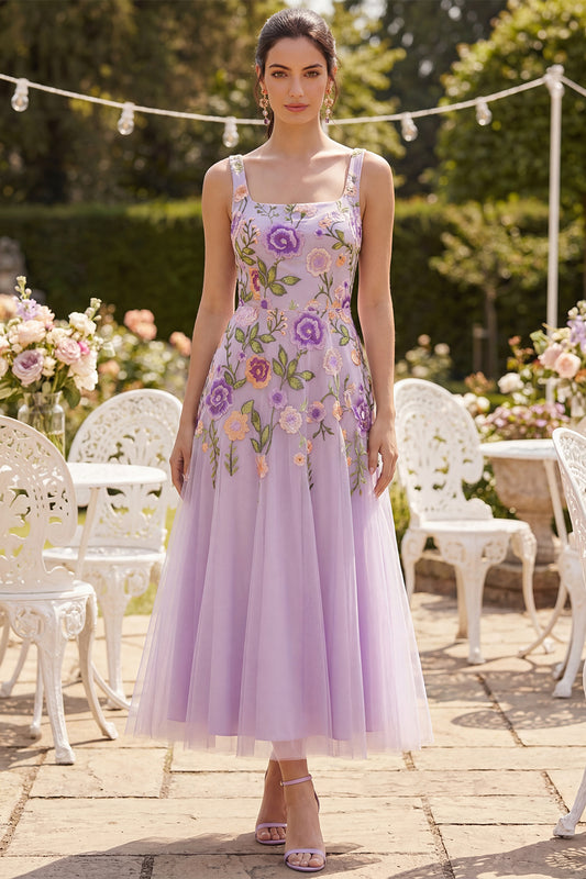 Square Neck A Line Maxi Floral Lilac Wedding Guest Dress