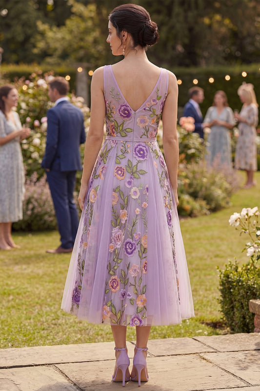 Floral Lilac V-Neck A Line Maxi Wedding Guest Dress