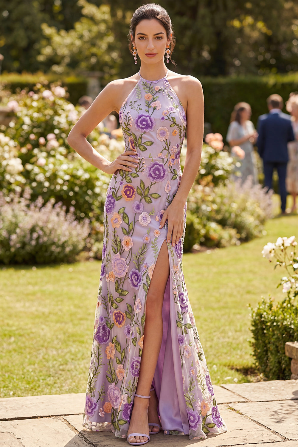 mongolian dress Zapakasa Women Floral Lilac Maxi Wedding Guest Dress with Slit Sheath  Halter Backless Formal Dress