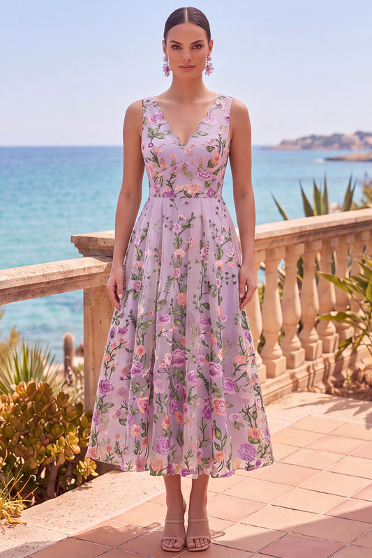 A Line Maxi Floral Lilac V-Neck Wedding Guest Dress