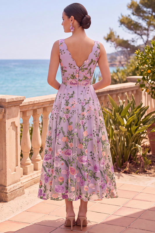 A Line Maxi Floral Lilac V-Neck Wedding Guest Dress