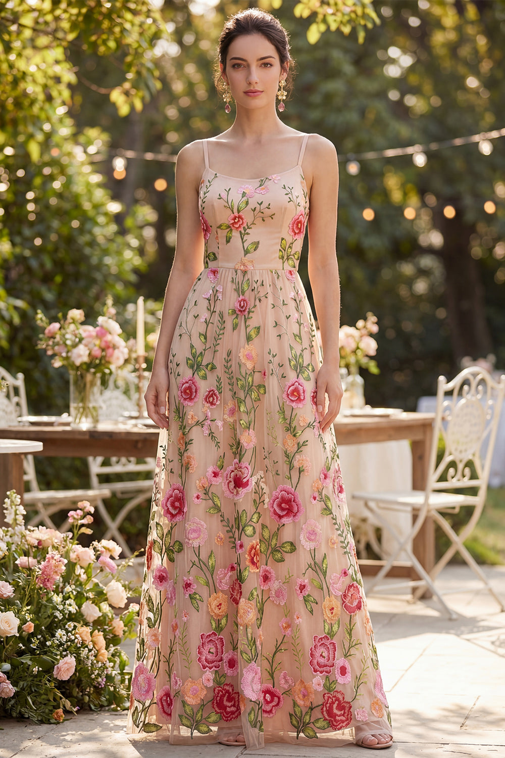 Zapaka Women A-Line Floral Dress Spaghetti Straps Blush Tulle Embroidered Long Wedding Guest Dress, Blush / US2
