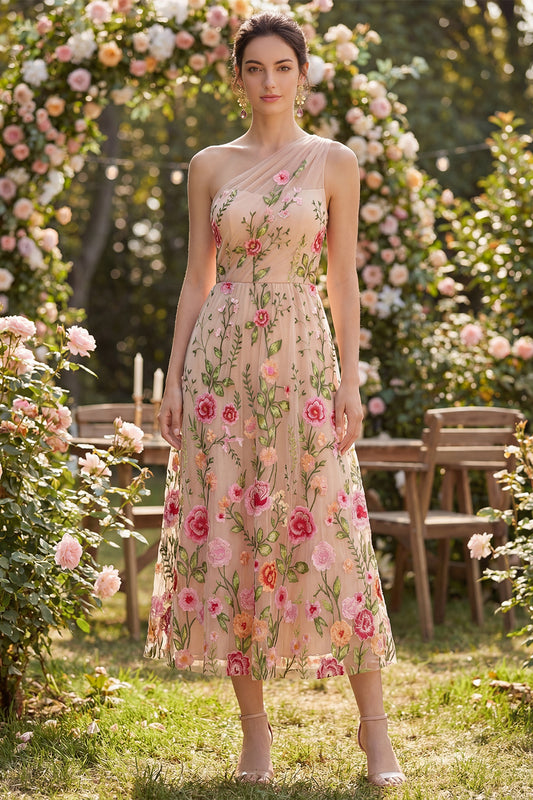 One Shoulder Ruched A Line Maxi Floral Blush Wedding Guest Dress