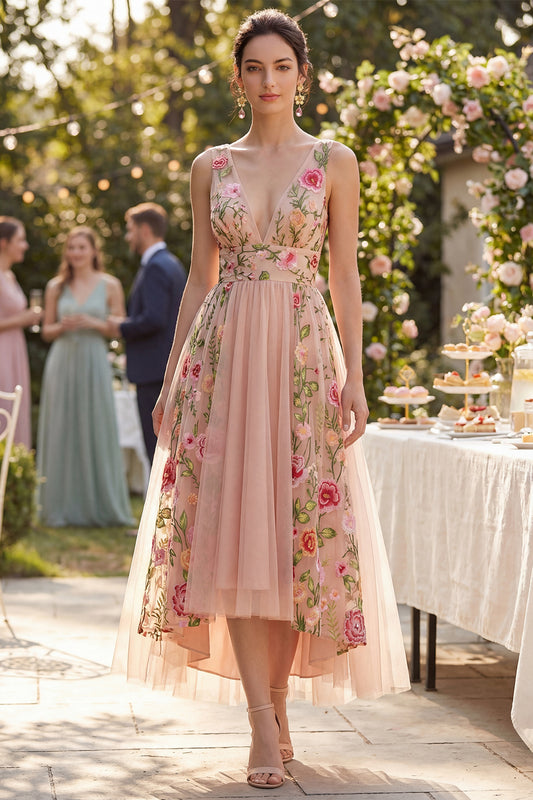 A Line V-Neck Maxi Floral Blush Wedding Guest Dress