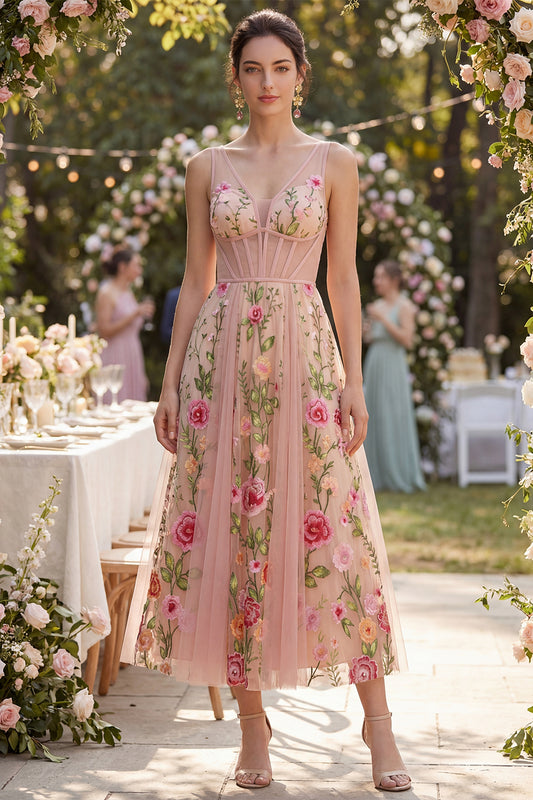 Corset Blush V-Neck A Line Maxi Floral Wedding Guest Dress