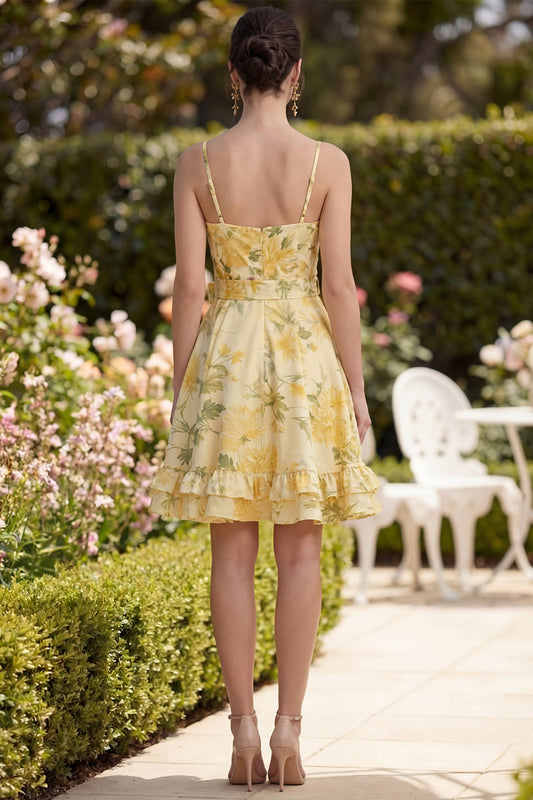 Ruffled Floral Butter Yellow Ruched A Line Short Wedding Guest Dress with Bow