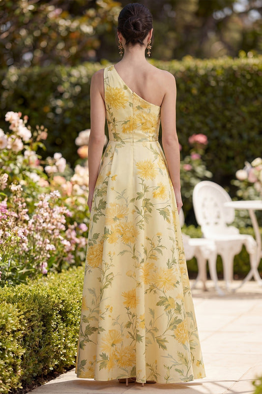 One Shoulder Ruched Floral Butter Yellow A Line Maxi Wedding Guest Dress