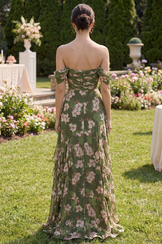 Long Dark Green Floral Ruched A Line Beach Wedding Guest Dress with Ruffles