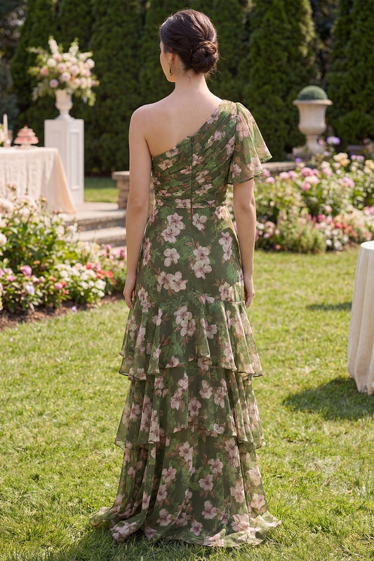Flutter Sleeves Dark Green Floral A Line Long Beach Wedding Guest Dress with Ruffles