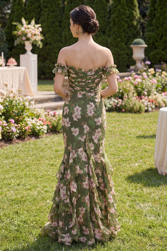 Mermaid Dark Green Floral Long Beach Wedding Guest Dress with Ruffles
