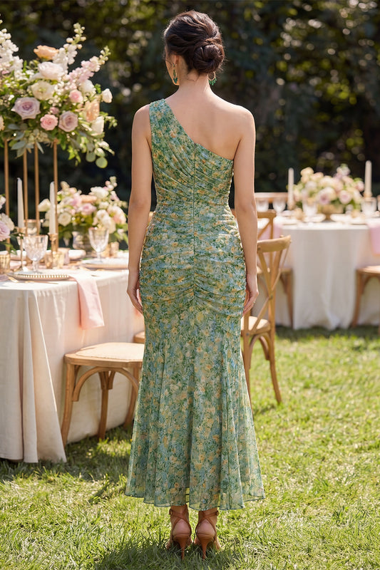 Mermaid Dusty Green Ruched One Shoulder Floral Maxi Beach Wedding Guest Dress
