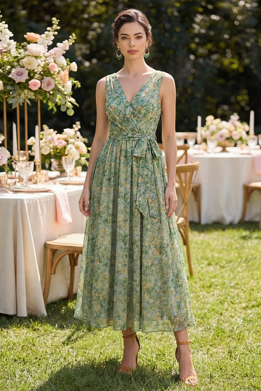 V-Neck Dusty Green Ruched Floral A Line Maxi Beach Wedding Guest Dress with Bow