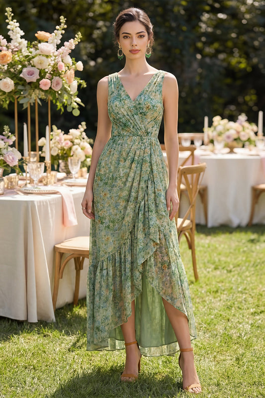Sheath V-Neck Dusty Green Floral High Low Beach Wedding Guest Dress with Ruffles