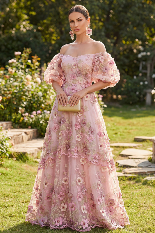Puff Sleeves Floral Pink Fuchsia A Line Maxi Wedding Guest Dress with Pearls