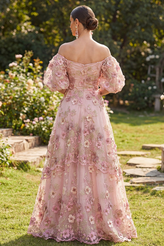 Puff Sleeves Floral Pink Fuchsia A Line Maxi Wedding Guest Dress with Pearls