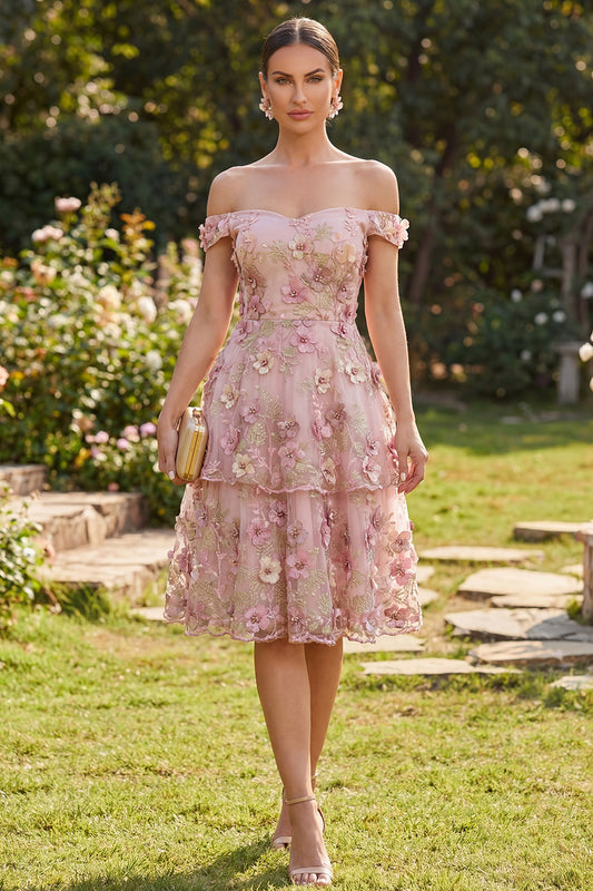 Off the Shoulder Floral Pink Fuchsia Ruffled A Line Midi Wedding Guest Dress with Pearls