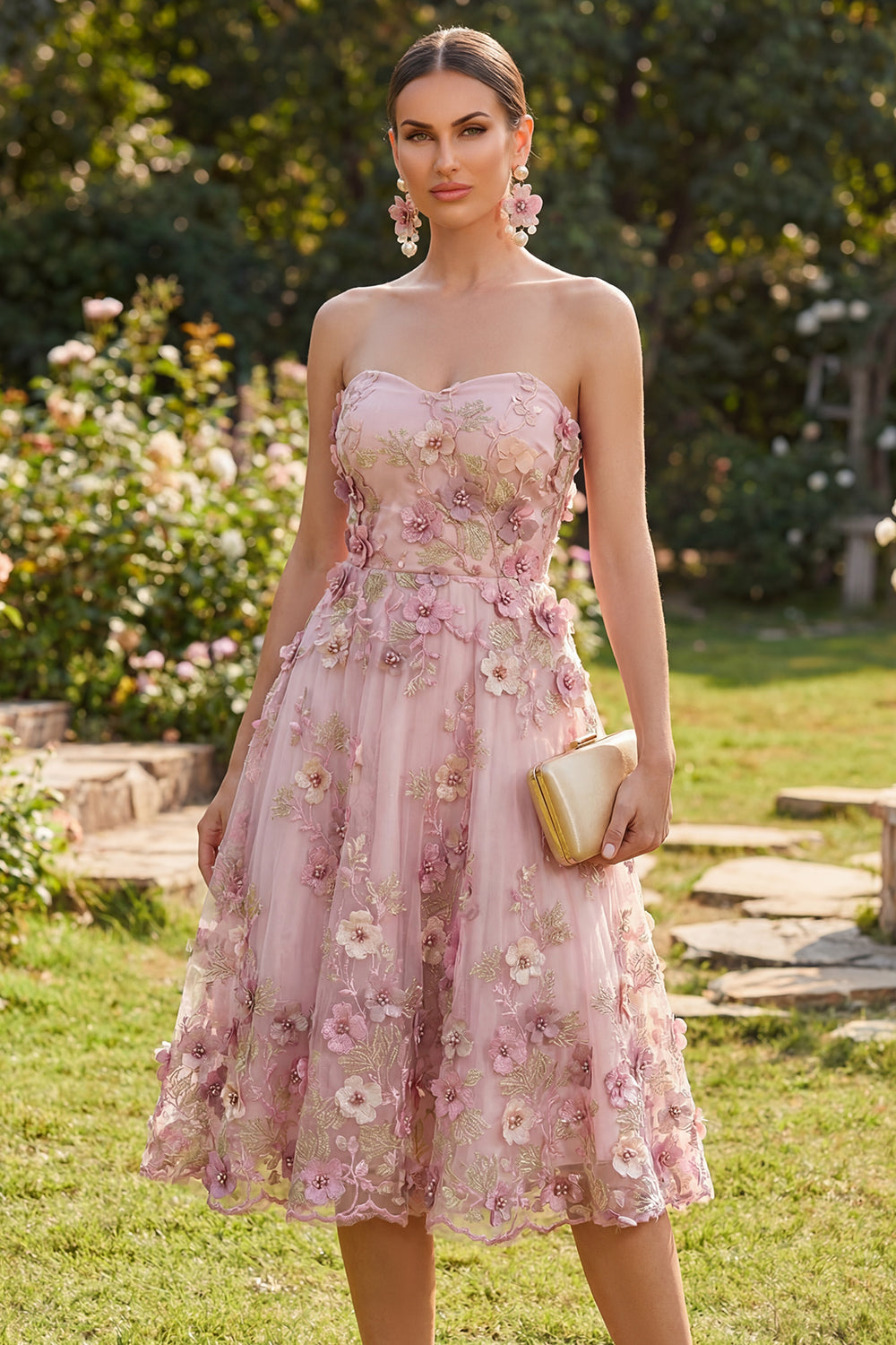 Zapakasa Women Pink Fuchsia Floral Midi Wedding Guest Dress with Pearls A Line Strapless Homecoming Dress Zapakasa Women Pink Fuchsia Floral Midi Wedding Guest Dress with Pearls A Line Strapless Homecoming Dress
