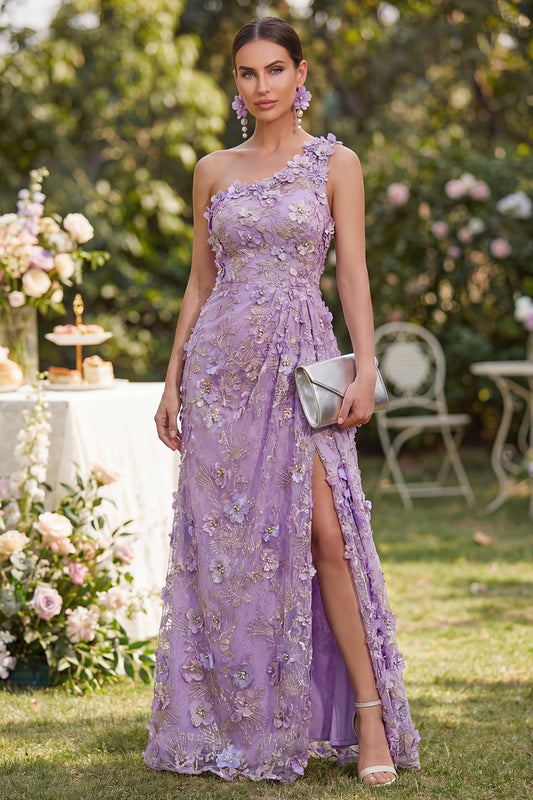 Ruched Maxi Floral Lilac One Shoulder Wedding Guest Dress with Pearls