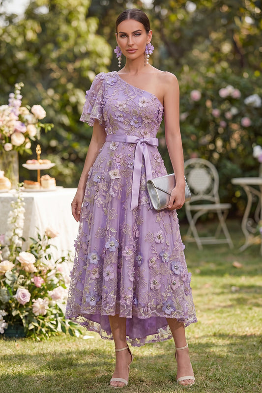 Flutter Sleeves One Shoulder A Line Maxi Floral Lilac Wedding Guest Dress with Pearls