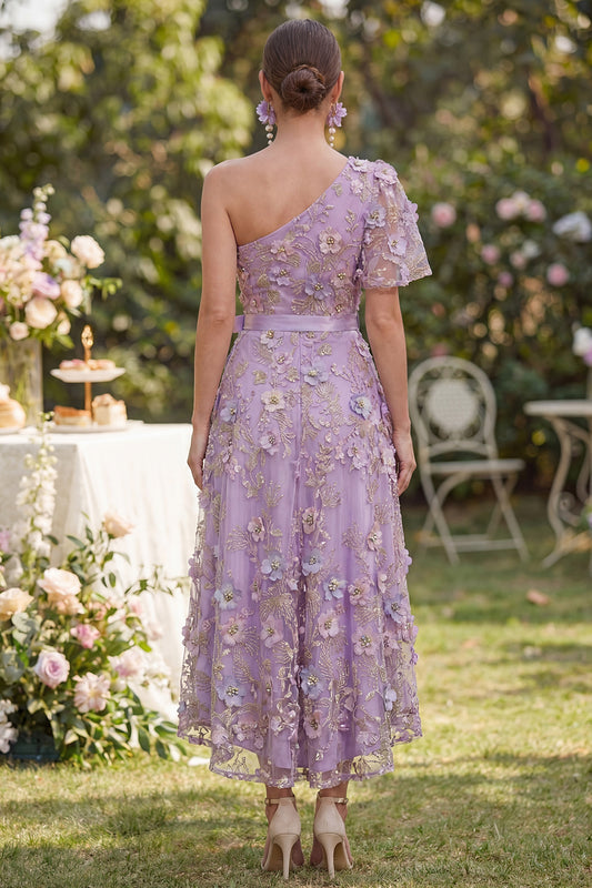 Flutter Sleeves One Shoulder A Line Maxi Floral Lilac Wedding Guest Dress with Pearls