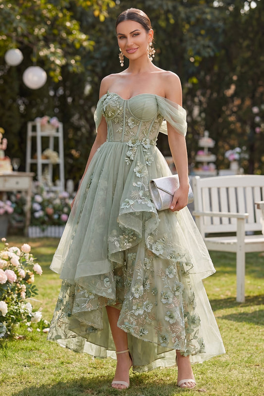 Ruffled Corset Dusty Green A Line Maxi Floral Wedding Guest Dress with Pearls