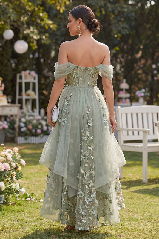 Ruffled Corset Dusty Green A Line Maxi Floral Wedding Guest Dress with Pearls