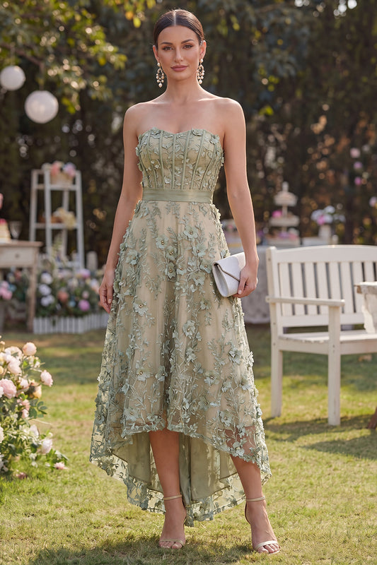 Floral A Line Corset Dusty Green High Low Wedding Guest Dress with Pearls