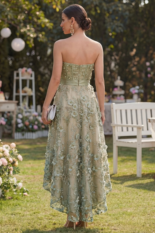 Floral A Line Corset Dusty Green High Low Wedding Guest Dress with Pearls