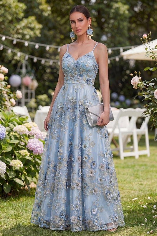 Blue Ruched A Line Maxi Floral Spaghetti Straps Wedding Guest Dress with Pearls
