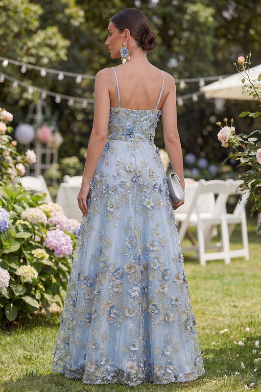 Blue Ruched A Line Maxi Floral Spaghetti Straps Wedding Guest Dress with Pearls