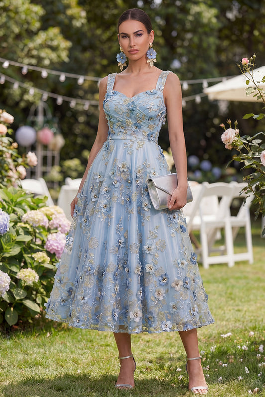Blue Thick Straps Ruched A Line Maxi Floral Wedding Guest Dress with Pearls