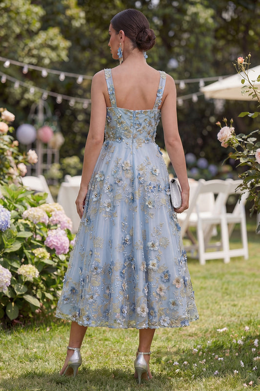 Blue Thick Straps Ruched A Line Maxi Floral Wedding Guest Dress with Pearls