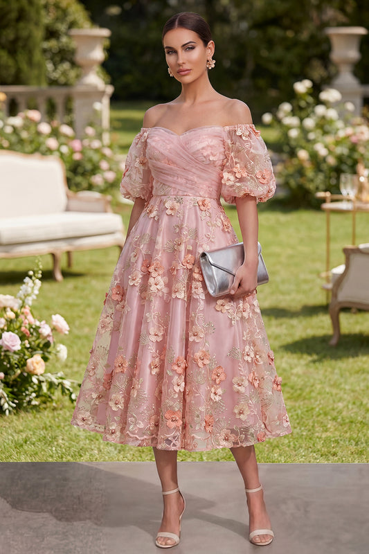 Pink Orange Puff Sleeves Floral Ruched A Line Maxi Wedding Guest Dress with Pearls