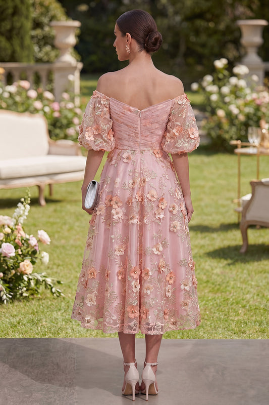 Pink Orange Puff Sleeves Floral Ruched A Line Maxi Wedding Guest Dress with Pearls