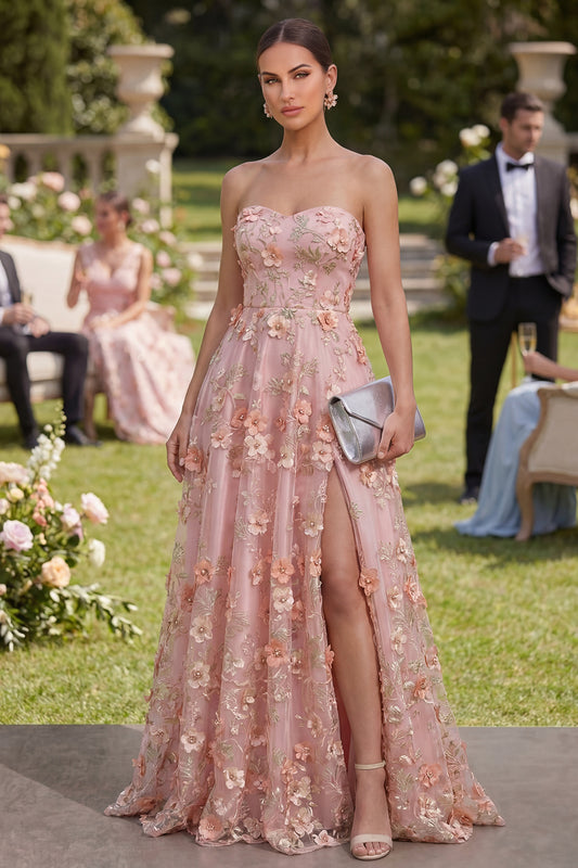 Pink Orange Strapless Floral A Line Maxi Wedding Guest Dress with Pearls