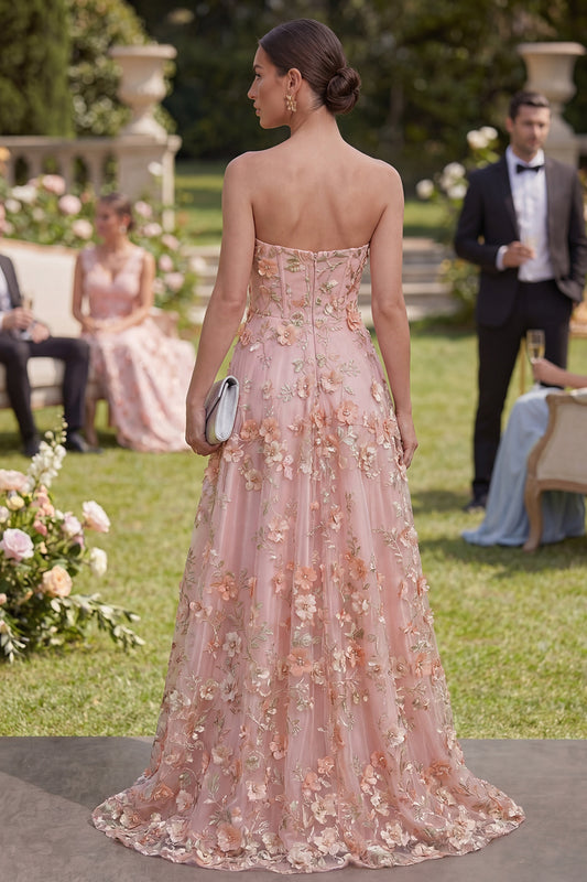 Pink Orange Strapless Floral A Line Maxi Wedding Guest Dress with Pearls