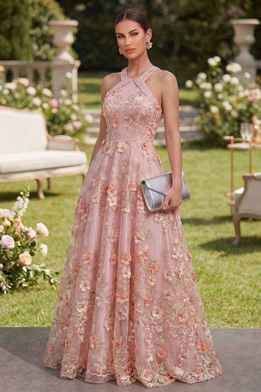 Halter Pink Orange Floral A Line Maxi Wedding Guest Dress with Pearls