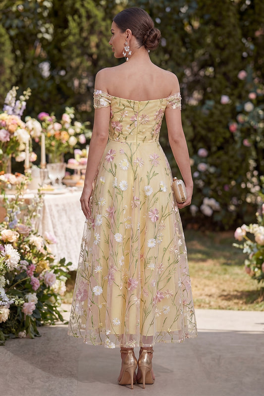 Ruched Off the Shoulder Floral Light Yellow A Line Maxi Wedding Guest Dress