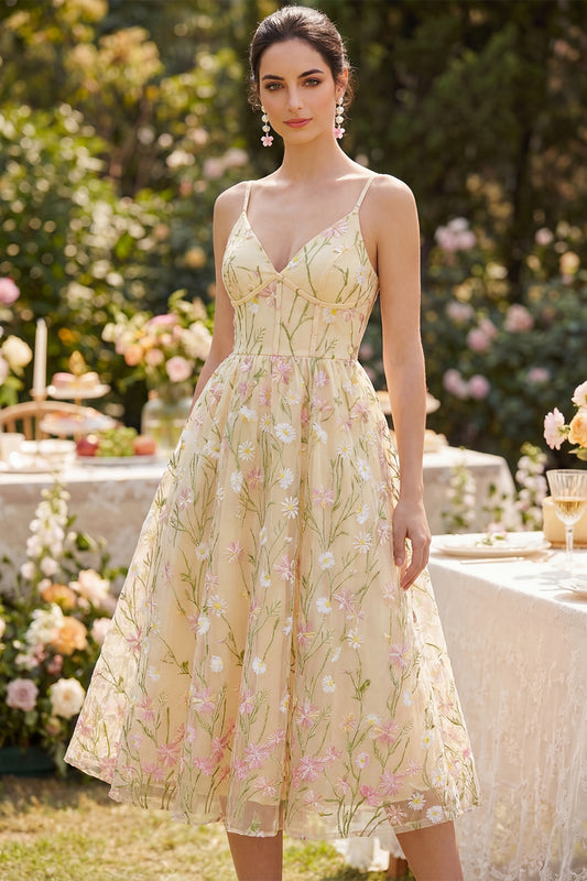 Corset Spaghetti Straps Floral Light Yellow A Line Midi Wedding Guest Dress