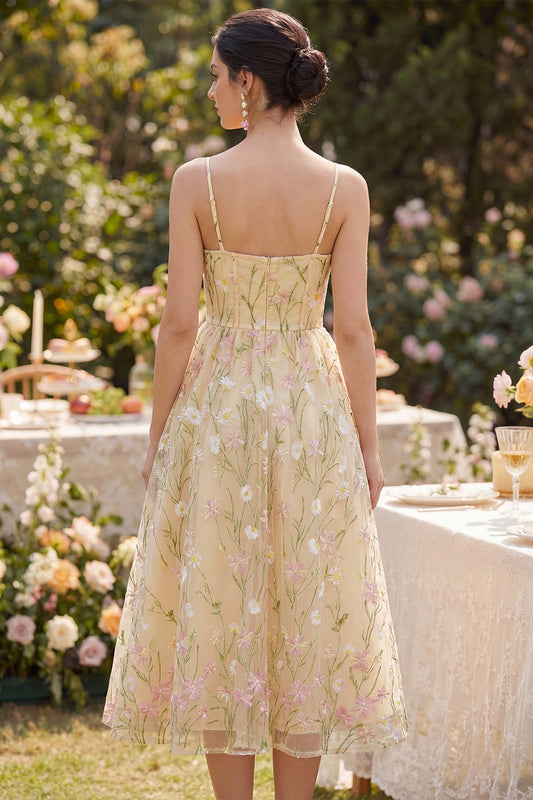 Corset Spaghetti Straps Floral Light Yellow A Line Midi Wedding Guest Dress
