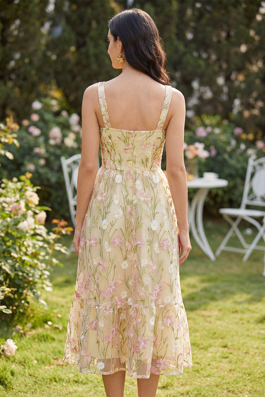 Square Neck Floral Light Yellow A Line Maxi Wedding Guest Dress