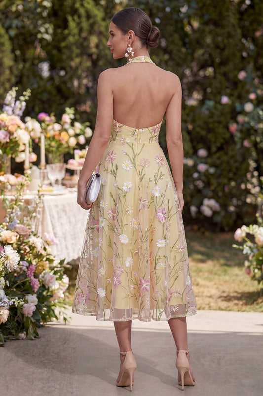 Halter Backless Floral Light Yellow A Line Maxi Wedding Guest Dress