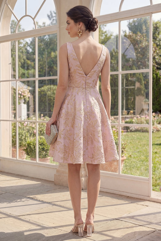 V-Neck A Line Blush Jacquard Short Floral Wedding Guest Dress