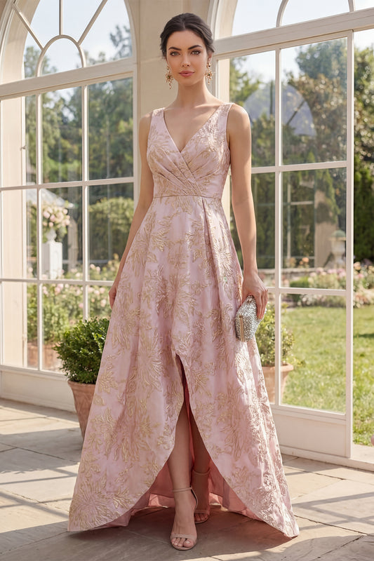 V-Neck Ruched High Low A Line Blush Jacquard Floral Wedding Guest Dress