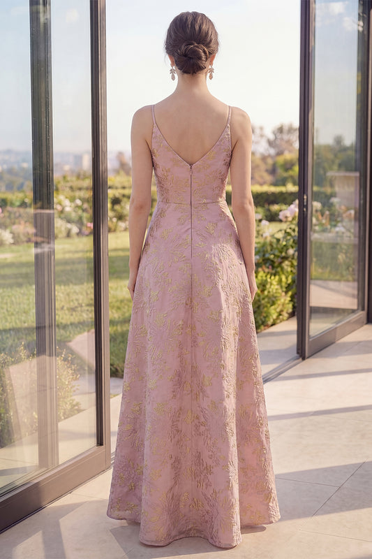 V Neck Long A Line Blush Jacquard Floral Wedding Guest Dress with Slit