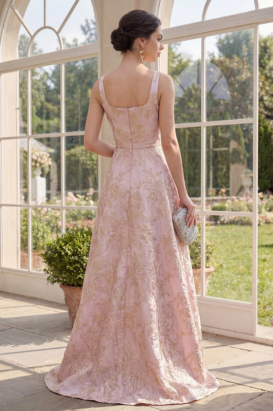 Square Neck Long A Line Blush Jacquard Floral Wedding Guest Dress