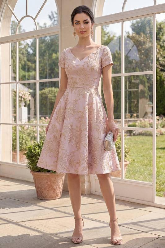 Short Sleeves V-Neck A Line Blush Jacquard Short Floral Wedding Guest Dress
