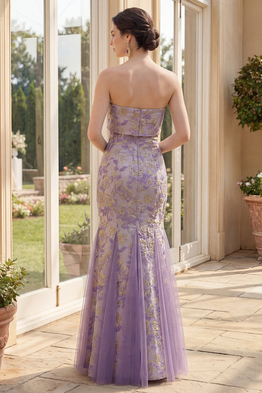 Mermaid Strapless Dusty Lilac Jacquard Long Floral Wedding Guest Dress