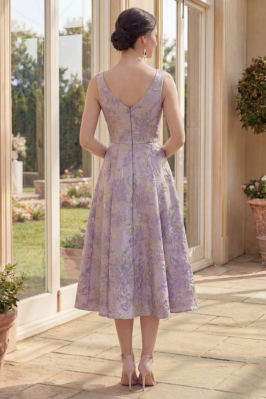 Jacquard Maxi A Line Boat Neck Dusty Lilac Floral Wedding Guest Dress